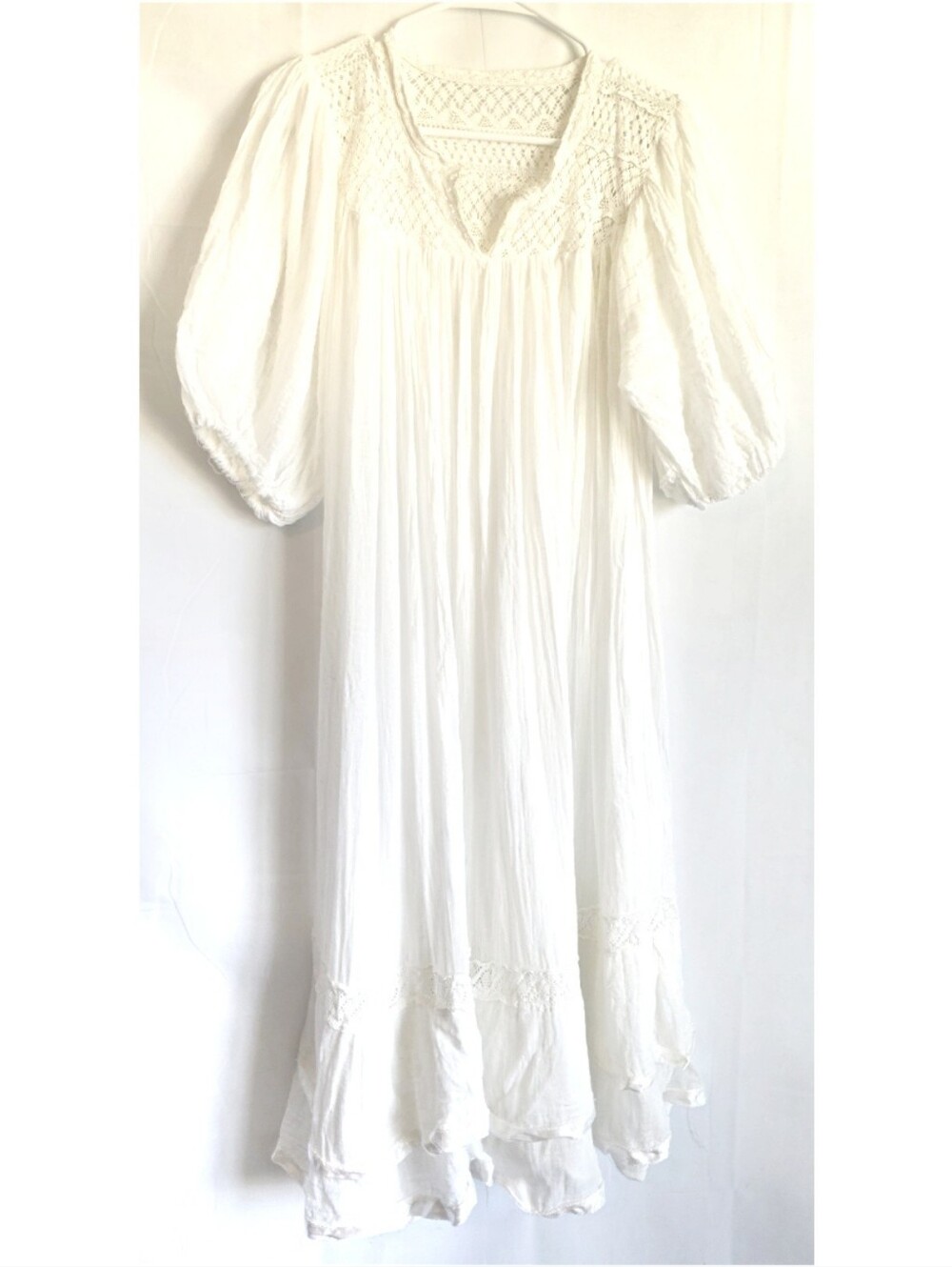 Boho Authentic Gauze Crochet Mexican Midi Dress M L XL